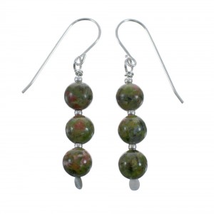 Native American Unakite Sterling Silver Bead Hook Dangle Earrings AX128223