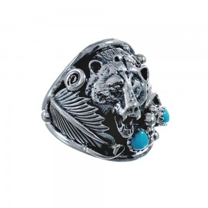 Authentic Sterling Silver Bear Turquoise Navajo Ring Size 13 AX128289