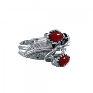 Navajo Coral Authentic Sterling Silver Leaf Ring Size 7-3/4 AX128268