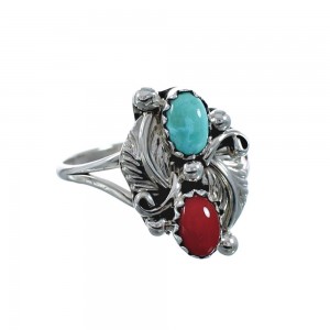 Sterling Silver Navajo Turquoise Coral Leaf Design Ring Size 6-1/2 AX128248
