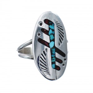 Sterling Silver Coral Turquoise Inlay Navajo Ring Size 7-1/4 AX128408