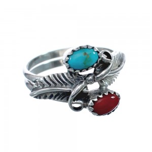 Native American Coral And Turquoise Silver Leaf Ring Size 7 AX128726