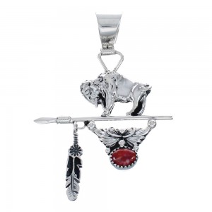 Native American Authentic Sterling Silver Buffalo Coral Pendant AX128744