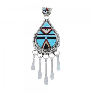 Native American Zuni Multicolor Sterling Silver Sun Tear Drop Pendant AX128793