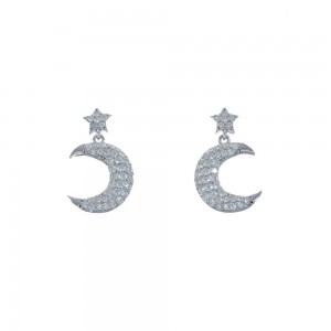 Cubic Zirconia Genuine Sterling Silver Star And Moon Post Dangle Earrings JX128592
