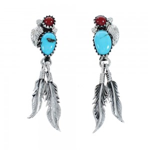 Turquoise And Coral Leaf And Feather Navajo Sterling Silver Post Dangle Earrings AX129173