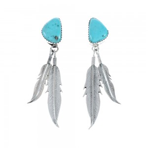 Turquoise Sterling Silver Feather Navajo Post Dangle Earrings AX129220