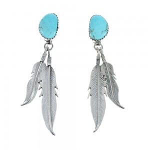 Turquoise Sterling Silver Feather Navajo Post Dangle Earrings AX129228