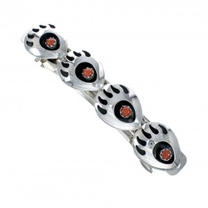 Sterling Silver Coral Bear Paw Navajo Hair Barrette JX129050