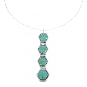 Sterling Silver Turquoise Inlay Box Chain Pendant Necklace Set JX129074