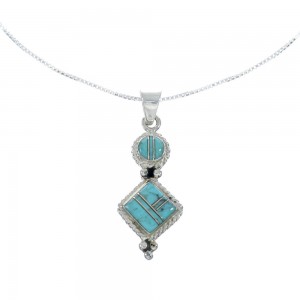 Southwest Turquoise Inlay Sterling Silver Box Chain Necklace Set JX129256