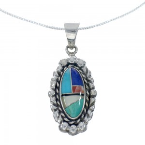 Southwest Multicolor Inlay Sterling Silver Box Chain Necklace Set JX129269
