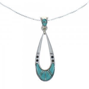 Southwest Turquoise Inlay Sterling Silver Box Chain Necklace Set JX129263