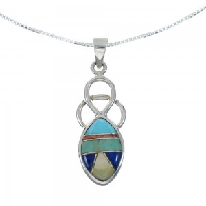 Southwest Multicolor Inlay Sterling Silver Box Chain Necklace Set JX129264