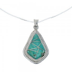 Southwest Turquoise Inlay Sterling Silver Box Chain Necklace Set JX129084