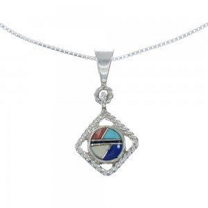 Southwest Multicolor Inlay Sterling Silver Box Chain Necklace Set JX129138