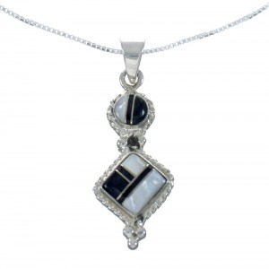 Southwest Jet Mother of Pearl Inlay Sterling Silver Box Chain Necklace Set JX129126