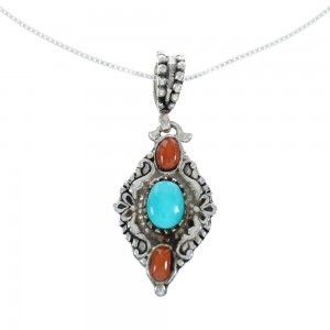 Southwest Reversible Turquoise Coral Sterling Silver Box Chain Necklace Set JX129115