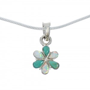 Southwest Turquoise Opal Flower Inlay Sterling Silver Snake Chain Necklace Set JX129145