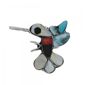 Zuni Multicolor Inlay Genuine Sterling Silver Hummingbird Pin Pendant AX129412