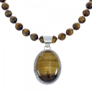 Native American Sterling Silver Tiger Eye Bead Necklace Pendant Set JX129824