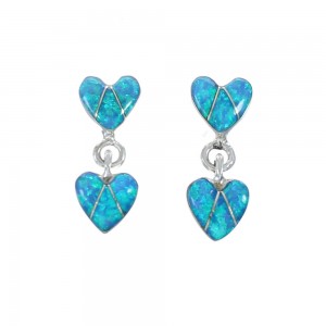 Blue Opal Sterling Silver Heart Inlay Post Dangle Earrings AX129984