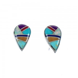 Genuine Sterling Silver Multicolor Inlay Post Earrings JX129626