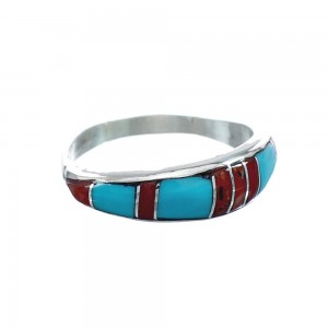 Native American Turquoise And Coral Inlay Zuni Ring Size 8 AX129599