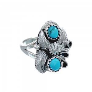 Sterling Silver Navajo Turquoise Leaf And Flower Ring Size 8-1/4 AX130140