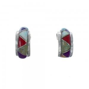 Sterling Silver Southwest Multicolor Inlay Post Hoop Earrings JX129968