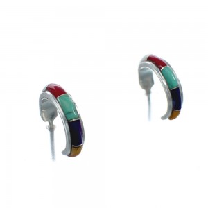 Sterling Silver Southwest Multicolor Inlay Post Hoop Earrings JX129969