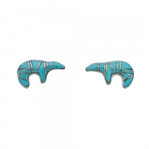Southwest Sterling Silver Turquoise Inlay Bear Post Earrings JX129965