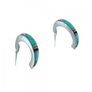 Sterling Silver Southwest Multicolor Inlay Post Hoop Earrings JX129966