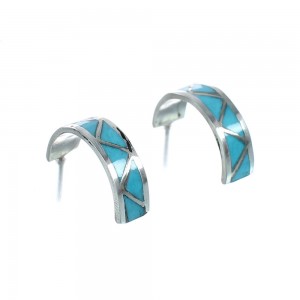 Navajo Sterling Silver Turquoise Post Hoop Earrings AX129773