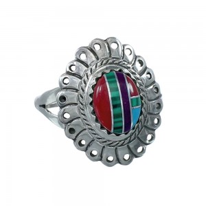 Southwestern Manmade Multicolor Inlay Sterling Silver Ring Size 6-1/2 JX130276