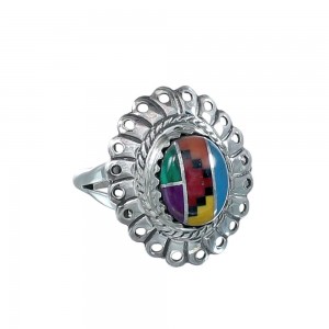 Southwestern Manmade Multicolor Inlay Sterling Silver Ring Size 6-1/4 JX130278