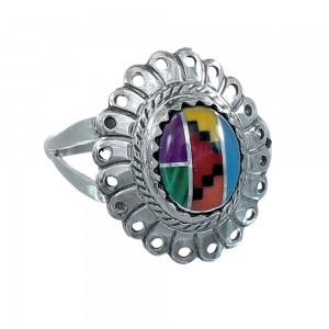 Southwestern Manmade Multicolor Inlay Sterling Silver Ring Size 8 JX130279