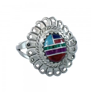 Southwestern Manmade Multicolor Inlay Sterling Silver Ring Size 7-1/2 JX130280