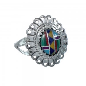 Southwestern Manmade Multicolor Inlay Sterling Silver Ring Size 8 JX130281
