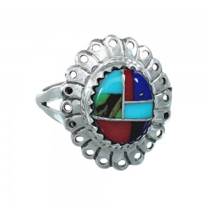 Southwestern Manmade Multicolor Inlay Sterling Silver Ring Size 7-1/4 JX130350