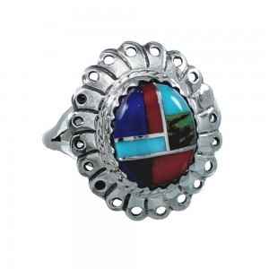 Southwestern Manmade Multicolor Inlay Sterling Silver Ring Size 6-3/4 JX130345