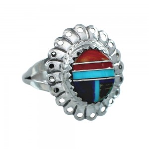 Southwestern Manmade Multicolor Inlay Sterling Silver Ring Size 8-1/4 JX130344
