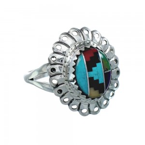 Southwestern Manmade Multicolor Inlay Sterling Silver Ring Size 8-3/4 JX130349