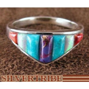 Turquoise Multicolor Inlay Sterling Silver Ring Size 6-3/4 NS36002