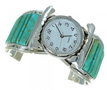 Authentic Sterling Silver Southwestern Turquoise Inlay Cuff Watch RX65861