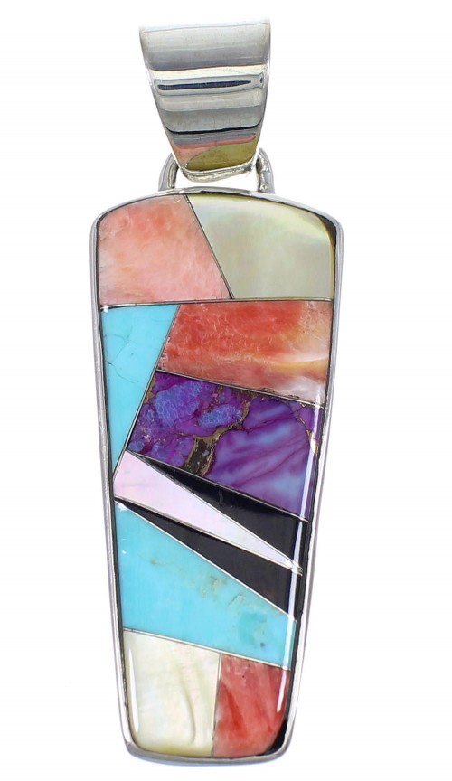 Multicolor Inlay Authentic Sterling Silver Southwest Pendant RX73836