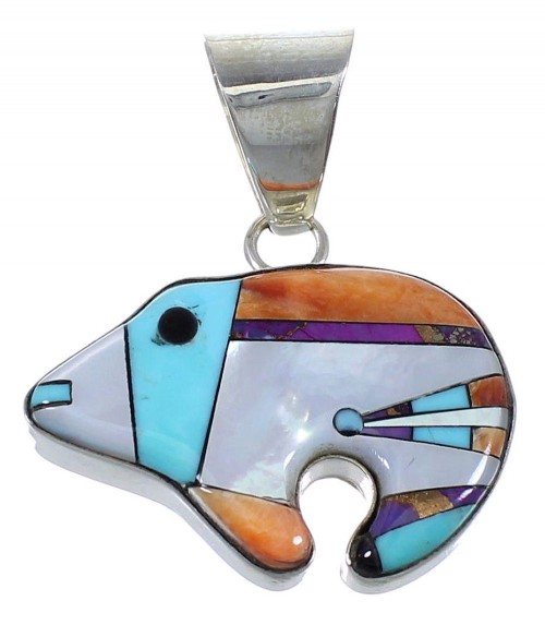 Genuine Sterling Silver Multicolor Inlay Bear Pendant RX73980