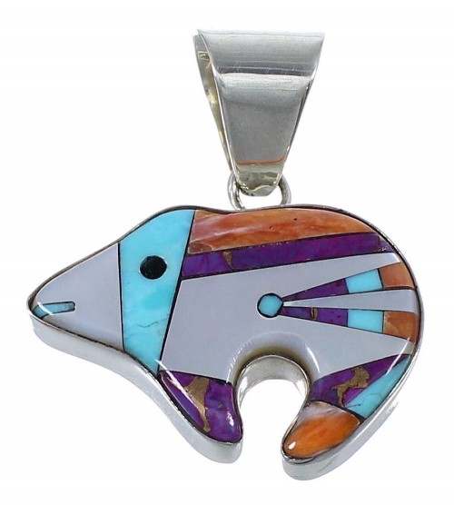 Authentic Sterling Silver Multicolor Inlay Southwest Bear Pendant RX73982