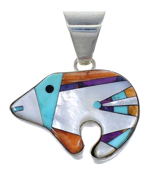 Southwest Sterling Silver Multicolor Bear Pendant RX73990