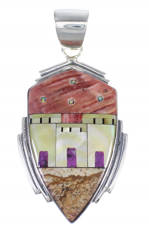 Native American Village Design Silver Multicolor Pendant QX70378